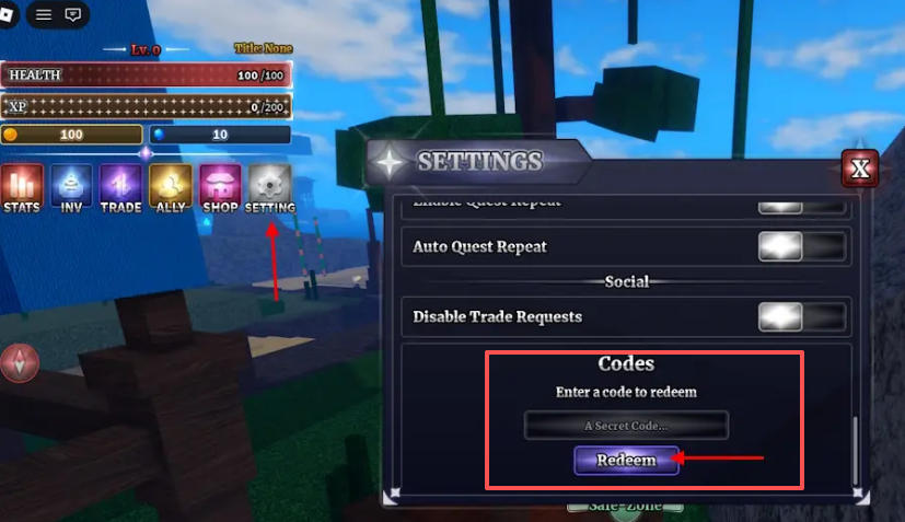 Sailor Piece codes redeem screen